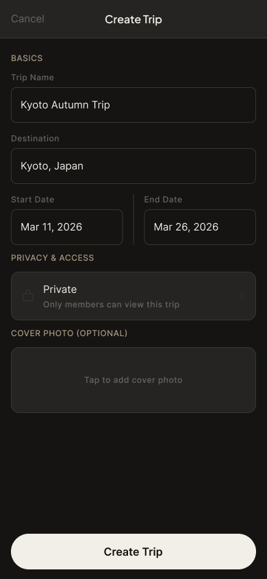 Create Trip screen with name, destination and dates
