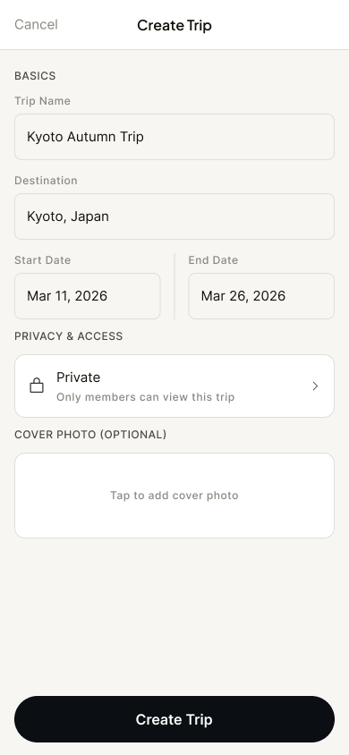 Create Trip screen with name, destination and dates