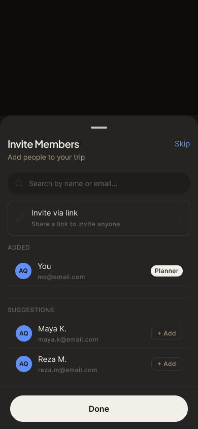 Invite Members screen with add by email and shareable link