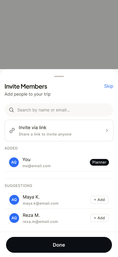 Invite Members screen with add by email and shareable link
